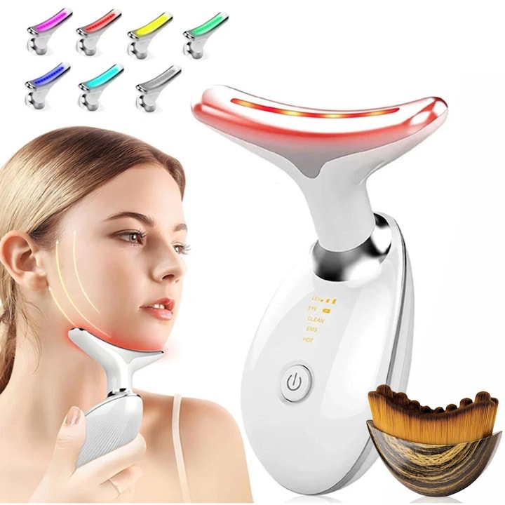 Aparat facial multifunctional Ideas4Comfort™ 7 in 1 pentru reducerea ridurilor  hidratare  lifting  simulare microciculatie  ingrijire fata/gat  terapie cu lumina LED 7 culori  EMS  incalzire  USB  portabil  include husa de voiaj  perie faciala  alb