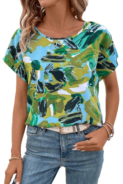 import - Summer blouse with abstract print in shades of green, short sleeves, 12 installments with 0% interest