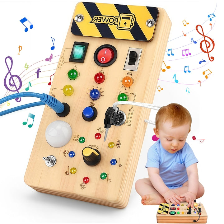 Montessori Educational Toy with LED Lights, Electrical Board with Switches and LEDs for Children, 8 Sensory Elements, Made of Wood, 20x10x10cm