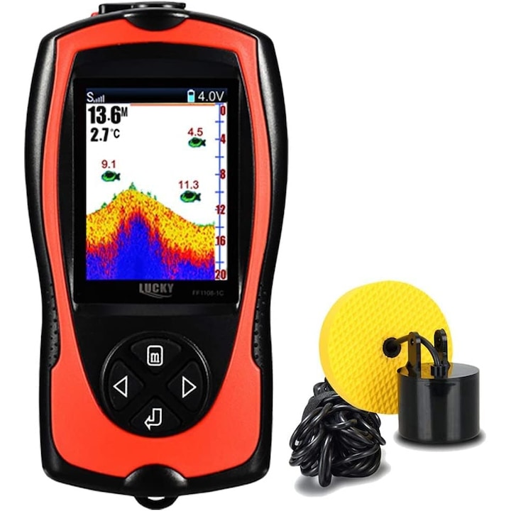 Sonar pentru pescuit  WALALLA  10 niveluri de sensibilitate  afisaj LCD color  capacitate de adancime 100 m/328 ft  alarma de adancime pentru pesti  afiseaza contururile subacvatice si temperatura apei  200 kHz  240 Hz x 960 Hz/ pixeli  Negru/Rosu