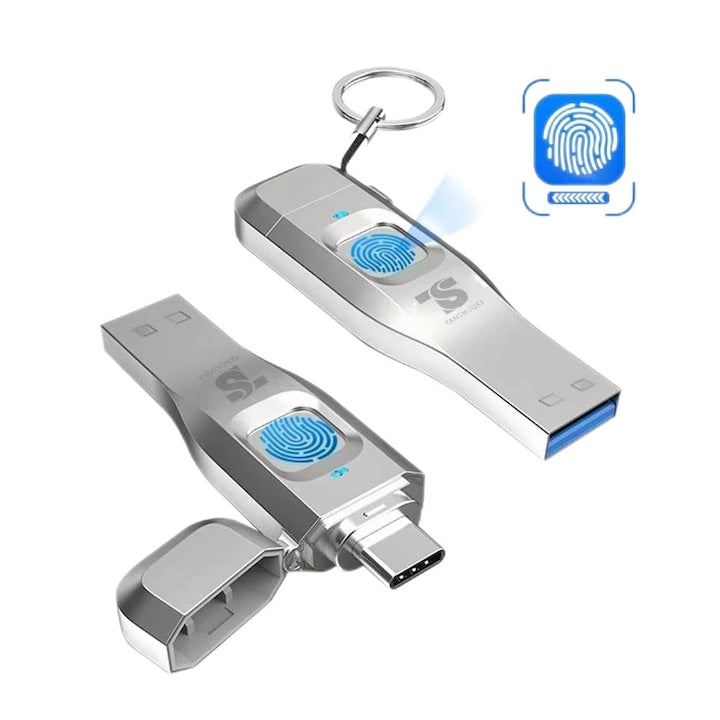 Stick USB 64GB 2-in-1 USB 3.0 + Type-C cu criptare prin amprenta  recunoastere 360  plug & play  compatibil Android 6.0  iPhone  laptop si tableta  OUYLAF  Argintiu