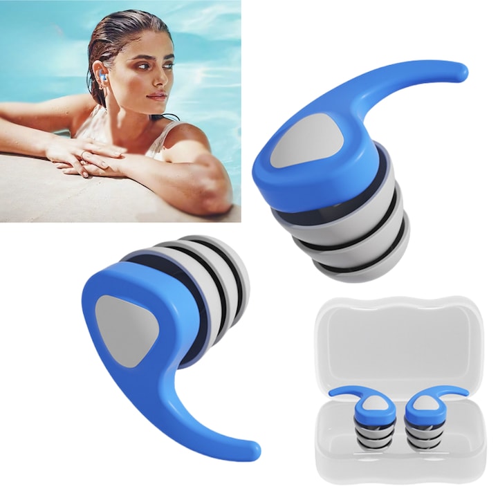 Adult swimming noise-reducing earplugs, eco-friendly silicone, 1 pair, with storage box, three-layer noise cancellation, adapts to ear shape, washable, reusable, blue