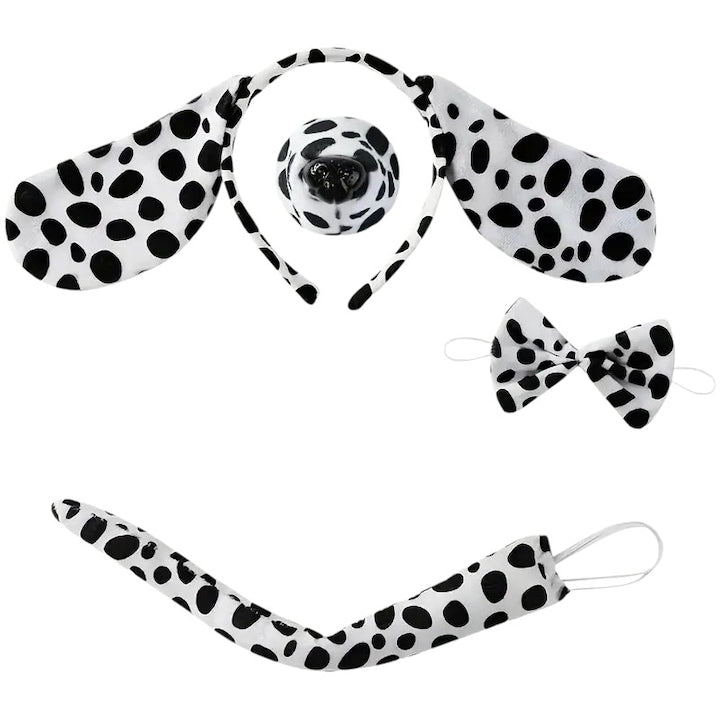 Set 4 piese costum caine dalmatian  urechi  coada  nas  papion  alb cu negru  marime universala