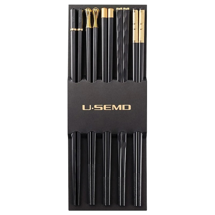 Chinese Stainless Steel Chopsticks for Eating, 5 Sets, Anti-slip, Premium Quality, Gold