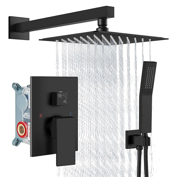 Set de Dus Incastrat Perete Coloana Dus  Duueyct  2 functii de curgere a apei  Set de Dus Complet  Dus tip ploaie  Baterie Termostatica  Comanda Dubla  Rezistent la Coroziune  Design minimalist  Otel Inoxidabil  Negru