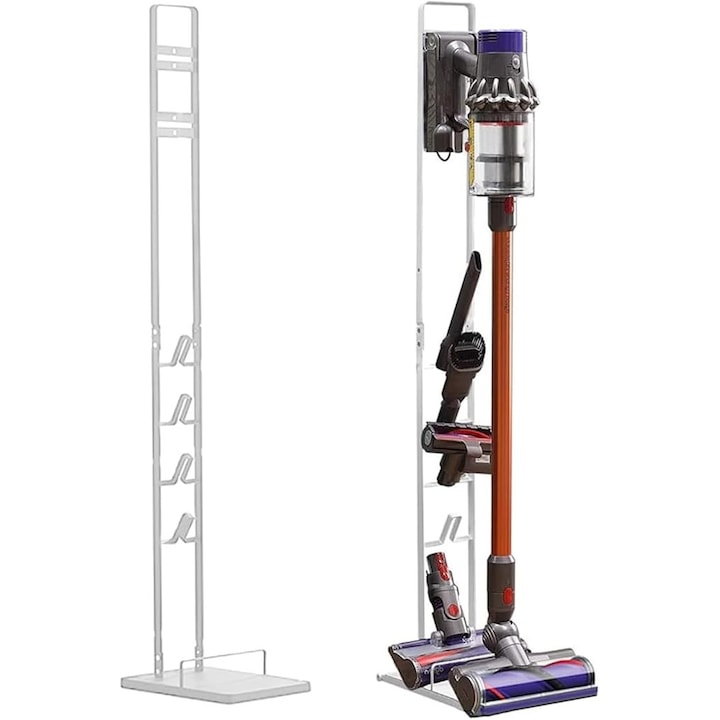 Vacuum Cleaner Stand, No Drilling Installation, Base with Wheels, 4 Accessory Holders, Stable Construction, Space Saving, 126.5x22x29cm, White