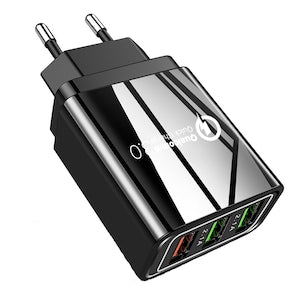 Incarcator Retea  Incarcator Priza  3x USB Qualcomm 3.0 Ultra Fast Charge Negru Incarcare Rapida Material Ignifug Cip Protectie Temperatura Ridicata