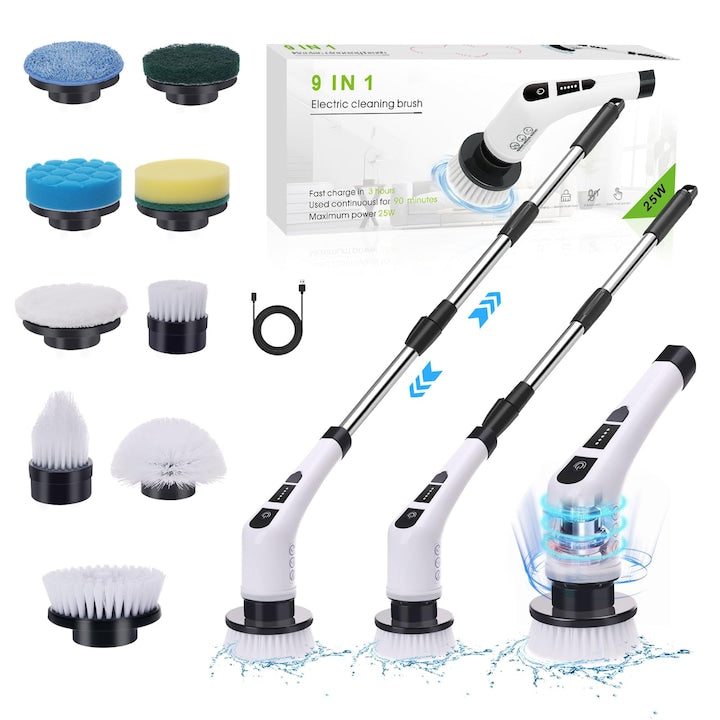 Perie electrica de curatare rotativa  perie electrica de curatare fara fir  cu 9 capete de periere inlocuibile  masina de spalat electric cu 2 trepte  cu maner reglabil si detasabil  potrivita pentru bai  bucatarii  cazi de baie  podele si masini