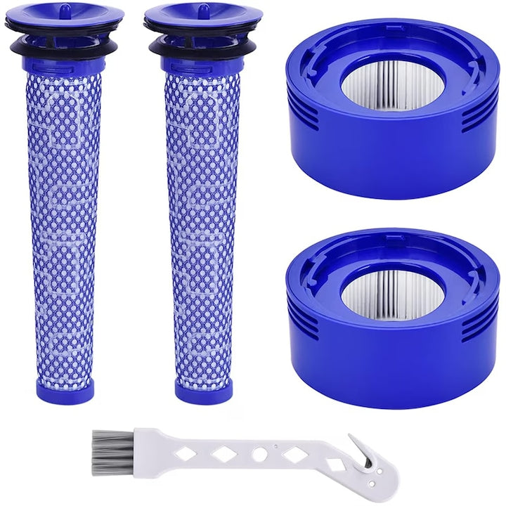 Filtre pentru aspiratoarele Dyson V7 V8 V8+  4 filtre de schimb cu perie de curatare  2 filtre HEPA post  2 piese de schimb pentru prefiltre 965661-01 si 967478-01  ABS  AjieQaQ  albastru