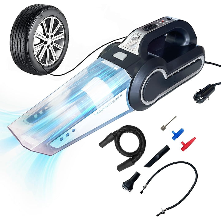 Aspirator auto 4 in 1  alimentare 12V  functie de umflare  display presiune anvelope  pentru masina Dispozitiv de umflare a anvelopelor Aspirator cu lumina LED  WALALLA  Negru mat