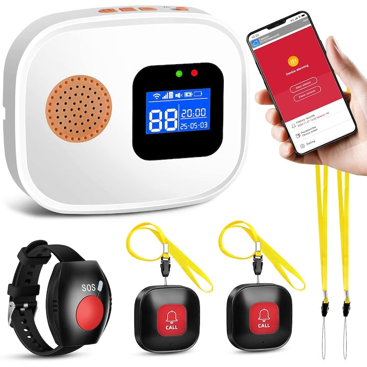Buton de apel de urgenta pentru varstnici  WALALLA  Set de 4  Afisaj digital LED  Alarma personala Wi-Fi pentru varstnici  Partajare multi-utilizator  Impermeabil  Graffiti  Potrivit pentru varstnici/copii/femei insarcinate  Alb
