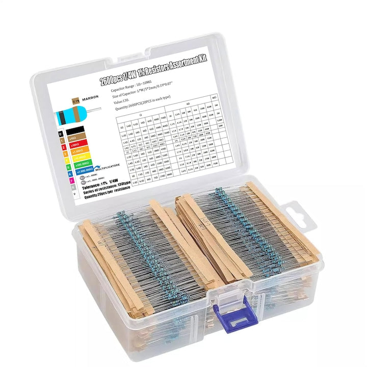 1/4W Metal Film Resistor Set - 2600 pieces with 130 values 1 Ohm - 10M Ohm Ideal for electronics projects and engineers
