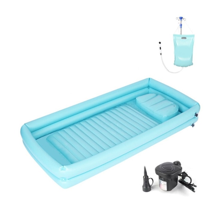 Pat gonflabil portabil pentru alaptat  WALALLA  cu sac de dus cu apa de 8L  pliabil  lavabil pentru tot corpul  potrivit pentru varstnici/persoane cu deficiente de mobilitate  195×90×22cm  PVC  albastru