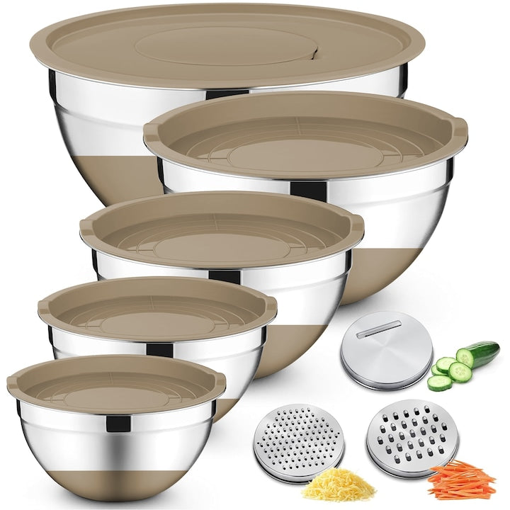 Set of 5 Stainless Steel Bowls with Lids, Non-Slip Silicone Base, Plastic Lid, Stainless Steel, Airtight Seal, Round Mixing Bowls, Kitchen Bowl for Appetizers, Sauces and Festive Meals, 18cm+20cm+22cm+24cm+26cm, Khaki