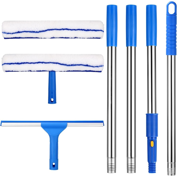 Set de curatare geamuri  1.5m tija telescopica  racleta din silicon 35.5cm  2 carpe din microfibra 37cm  multicolor