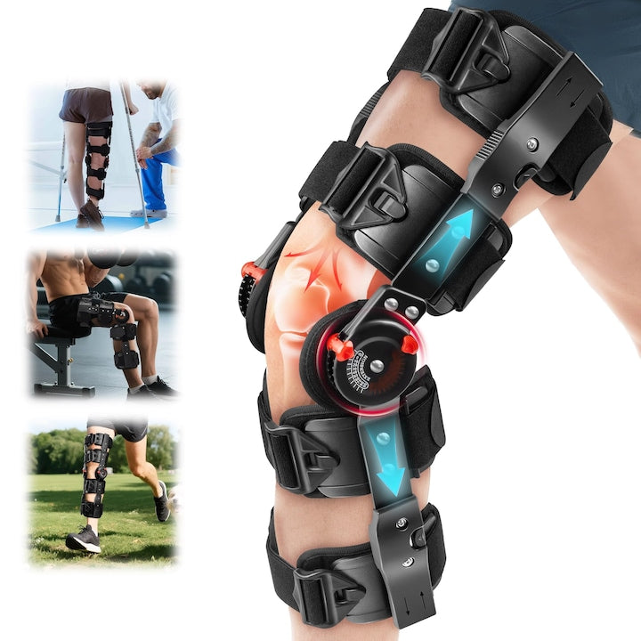 Orteza de genunchi articulata cu stabilizatoare laterale si suport elastic pentru ruptura de menisc  ligament incrucisat anterior  artrita  ameliorarea durerii si stabilitatea genunchiului  imbunatateste mobilitatea  reduce presiunea  WALALLA