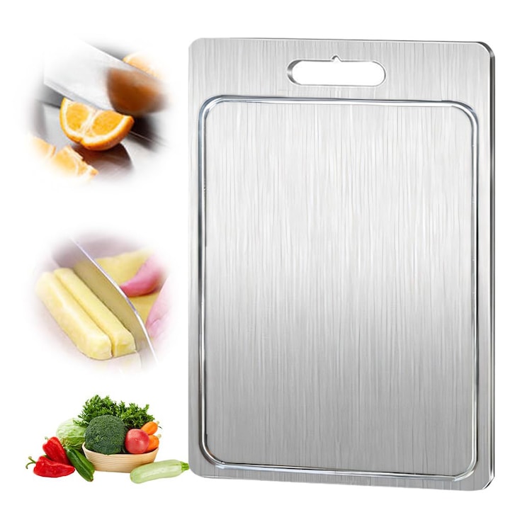 Tocator de bucatarie  Titanium Cutting Board  WALALLA  din titan  Double Sided Food-Grade Titanium Board for Meat Fruit Vegetable 34x23cm  argintiu metalizat