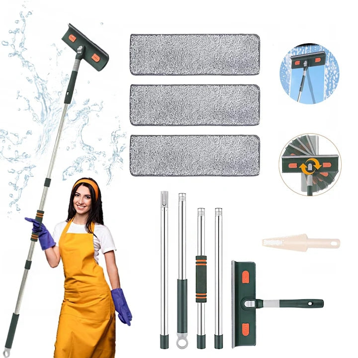 2-in-1 Telescopic Window Cleaner, Excited, Washing and Silicone Squeegee, 180° Rotating Head, Adjustable Stainless Steel Rod 71-170 cm, 3 Microfiber Cloths, 615g, Lightweight, Green, for Windows, Shower, Tiles, Car