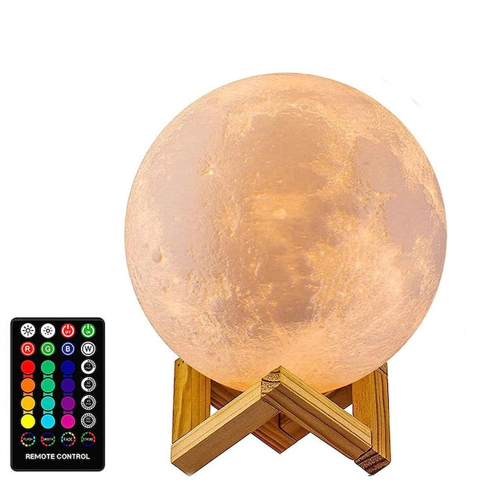 Lampa Moon Light 3D 15cm  Telecomanda/control tactil  multicolora 16 efecte  USB  Suport lemn