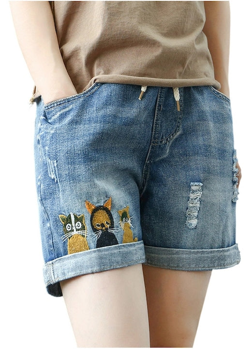 OEM - Women's Retro Ethnic Style Denim Shorts, Blue, 12 installments with 0% interest