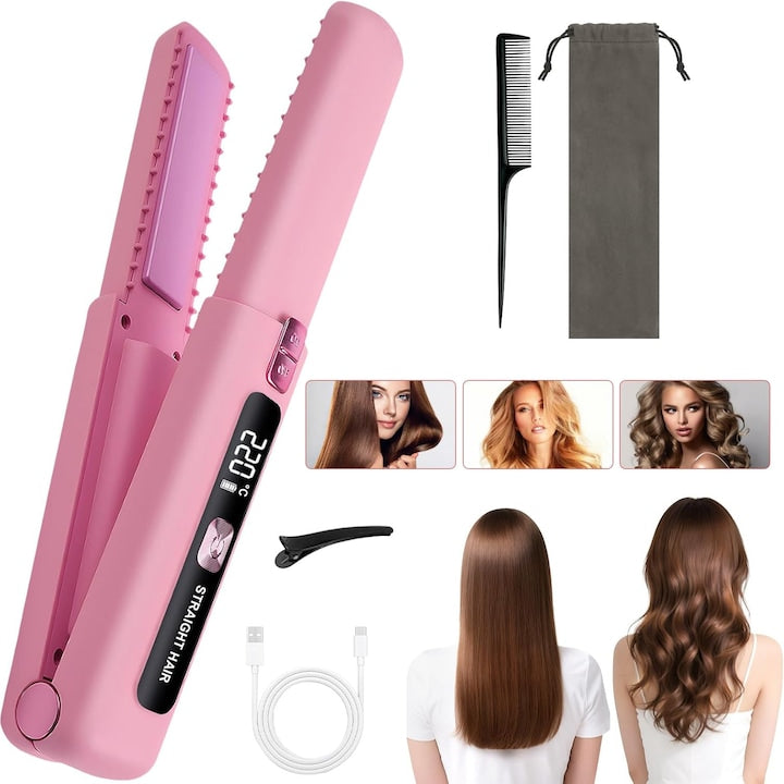 Cordless Hair Straightener and Curler Portable Hair Straightener for Women USB Rechargeable Mini Hair Straightener with Curler 6 Temperature Levels 4500mAh