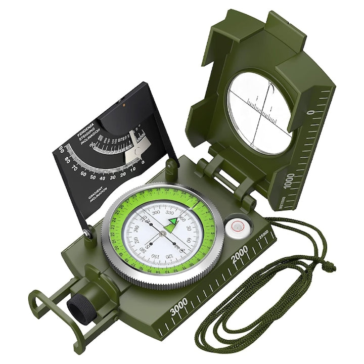 Rqiurpn Military Metal Compass with Sight, Clinometer and Portable Case, Waterproof, High Precision, Fluorescent, Portable, Multifunctional, Suitable for Camping, Hunting, Hiking and Geological Activities, Green