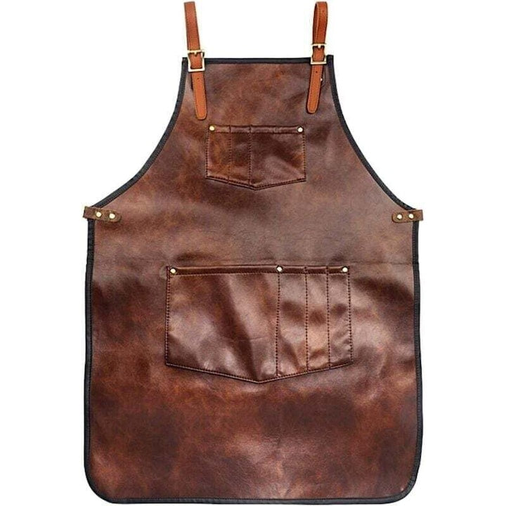 Unisex Waterproof Leather Chef Apron with Pockets and Adjustable Cross-Back Straps, Brown