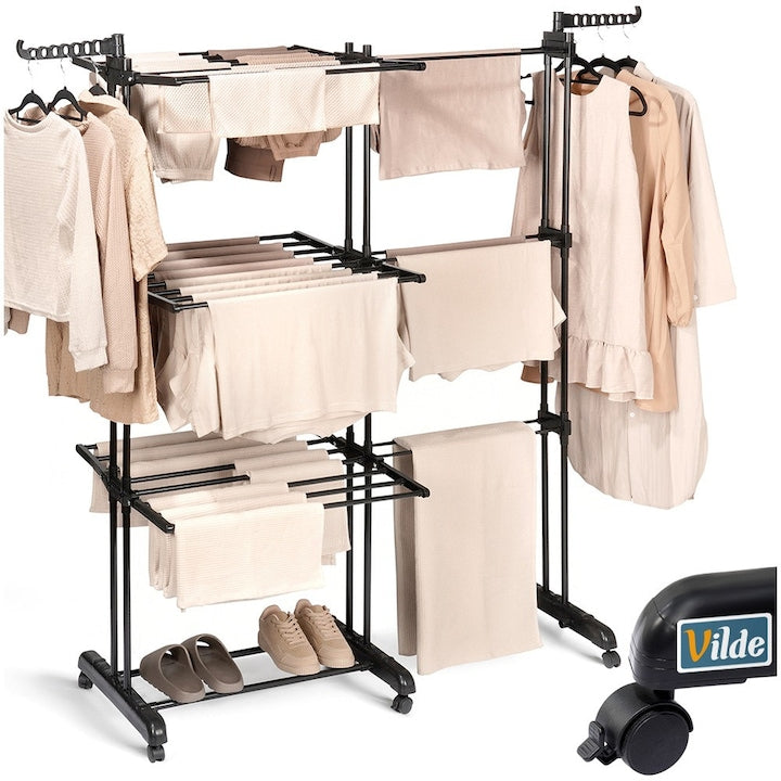 Uscator Vertical Extensibil De Rufe xxl Pe 6 Roti  Vilde  78-130x64x172 cm (Suprafata Uscare 17.8 M)  Negru  Metal Rezistent  3 Niveluri Pliabile Cu 30 Bare Groase (Sarcina 35 kg)  Organizator Umerase Si Pantofi  Design Compact Stabil Anti-Umezeala