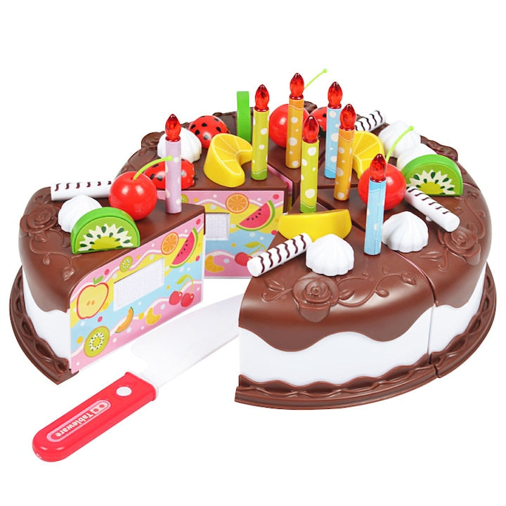Fantasy Toy Birthday Cake with Fake Candles, 36-Piece Play Set, Fantasy Kitchen Set, Kids' Home, Puzzle Games, Can Cut the Cake to Serve, Brown Chocolate, 15x8cm