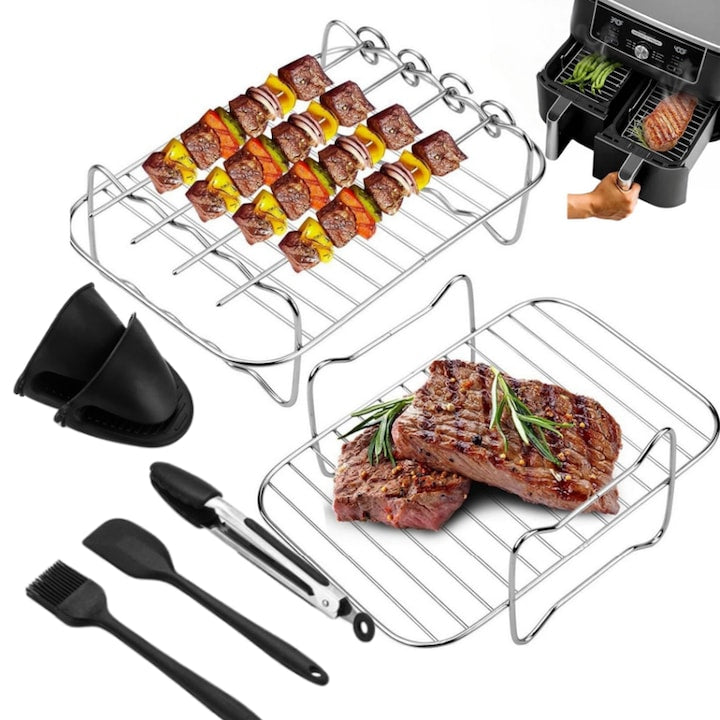 Accesorii pentru gratar si aburitor 2 in 1 pentru friteuza cu aer cald  Fantasy 12 piese  Otel inoxidabil/silicon  fara BPA  termorezistent  Include frigarui  manusi rezistente la caldura  pensula din silicon  spatula din silicon si cleste pentru alimente