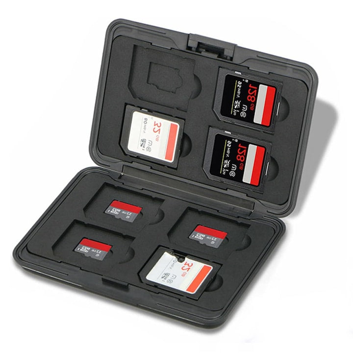 Carcasa de protectie pentru 8 carduri de memorie JJC  TF/SD/xD/MMC/Smart Media  Rezistenta la cadere  Negru