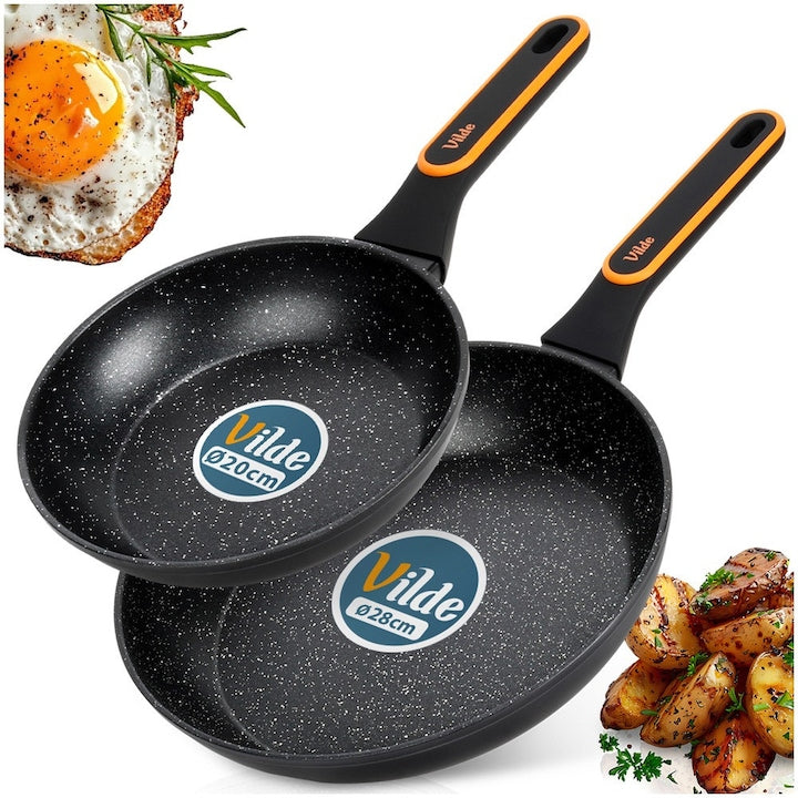 Set 2 Tigai  Vilde  Terruna  Diametru 20 Si 28 cm  Negru Portocaliu  Aluminiu Cu Acoperire Granit  Suprafata Antiaderenta  Compatibil Inductie  Maner Rece  Tigaie Pentru Prajit Carne