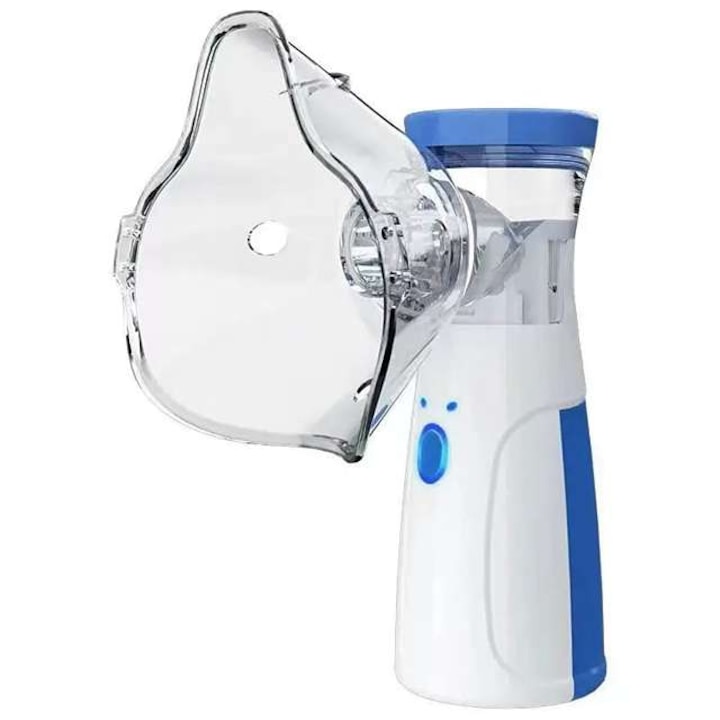 Aparat aerosoli  mini  nebulizator  portabil  testat clinic  ultrasonic  baterii si adaptor priza  tehnologie Mesh  masca adulti si copii  super silentios  alb-albastru