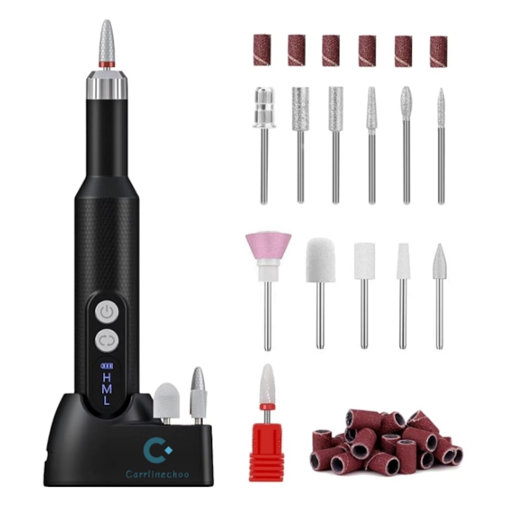 Professional carrlinechoo Electric Nail File, Cordless Manicure-Pedicure Machine, Rechargeable, 18,000 RPM, 11 Drill Bits, 30 Sanding Bands, Ergonomic Design, Portable, Black
