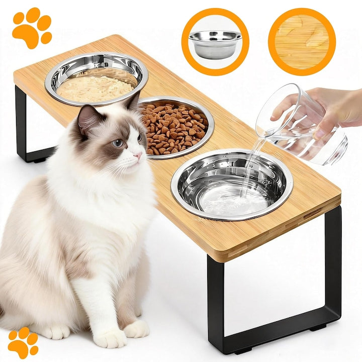 Raised Bowl with Stand Set of 3 Stainless Steel Bowls Tilted at 15° Elevated Feeding Station for Cats and Small Dogs Anti-Vomiting and Non-Slip Bamboo Base Easy to Clean