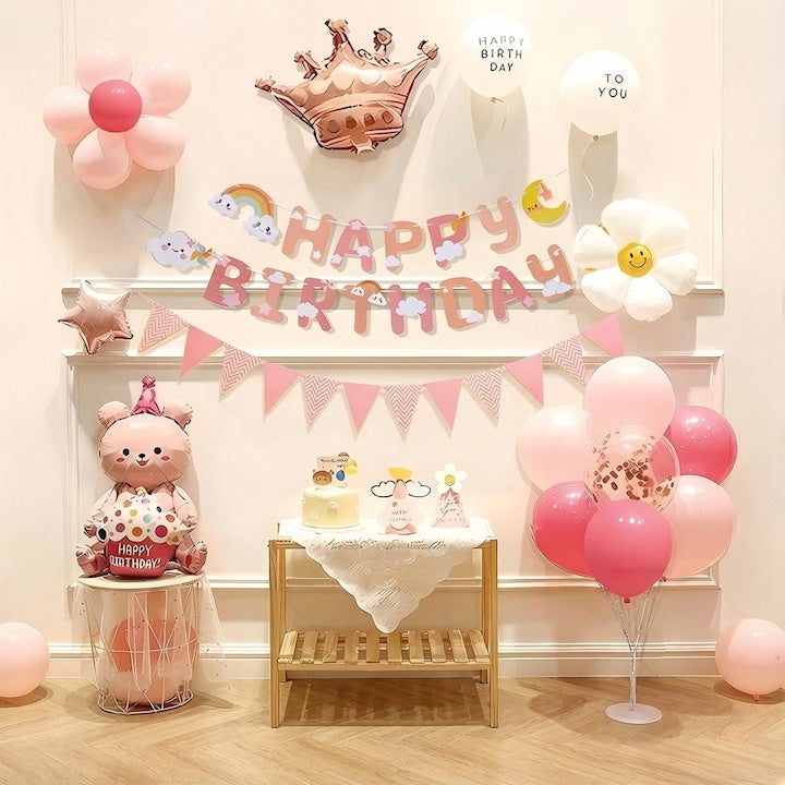 Set Baloane Petrecere Aniversare Copii Coroana Ursulet Rose Gold Roz  Decoratiuni cu Banner La Multi Ani  Baloane Folie si Latex