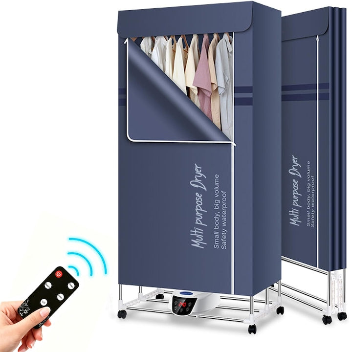 Uscator Electric Portabil cu Roti  SANSES  cu 3 Nivele  1500 W  Telecomanda  Portabil  Uscare Rapida la Temperatura Constanta  Sterilizare cu Raze UV  Economiseste Energie Electrica  Zgomot Redus  Pliabil  170x75x50 cm  Albastru