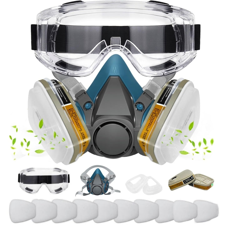 Set respirator cu filtre  accesorii incluse  protectie respiratorie  Respirator chimic cu ochelari de protectie pentru rasina epoxidica  praf  WALALLA  negru si albastru