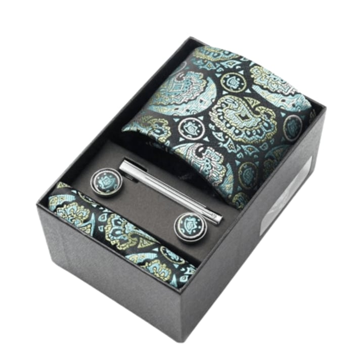 OEM - Tie, Handkerchief, Cufflinks, and Tie Clip Set, Green, Paisley Pattern, 146 x 7.5 cm, Box