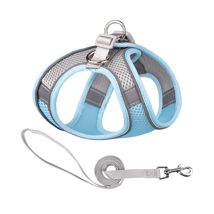 zggzerg Harness/Leash Set with Padded, Breathable Mesh Vest, Soft and Comfortable, Reflective Design for Safe Night Walks, for Dogs and Cats, Size M, Neck 36-42 cm and Chest 42-48 cm, Blue/Grey