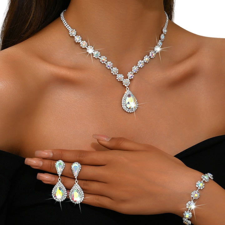 Fantasy - Women's Jewelry Trio Necklace, Bracelet, and Earrings, Teardrop Pendant, S925 Silver, Rhinestones, Elegant, Wedding, Dinner, Banquet, Noble, Themed Party, Rhinestones, Flower-shaped Claw Chain, Electroplated, Bright White