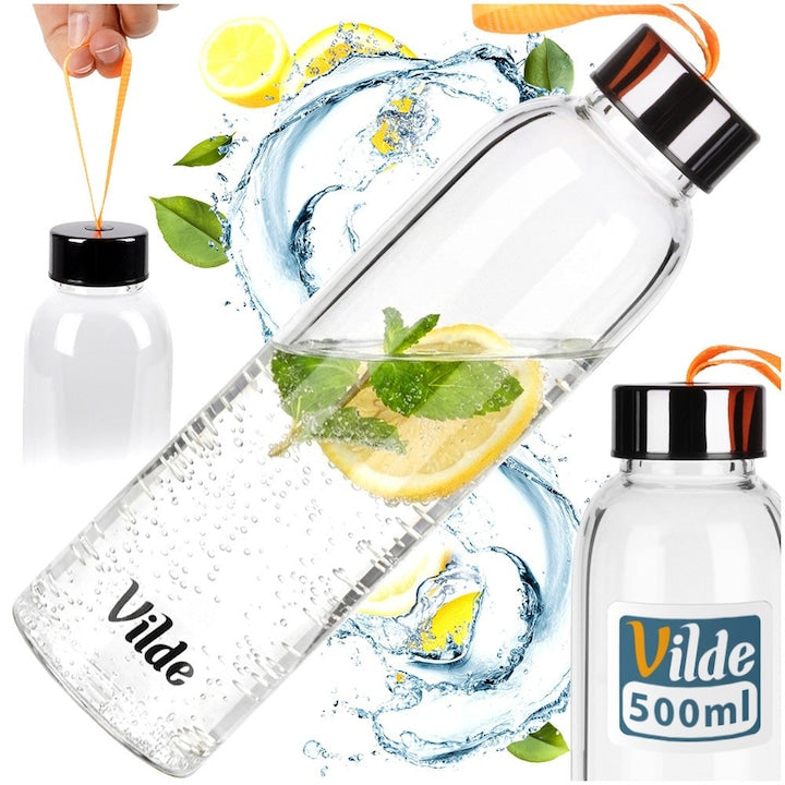 Sticla Pentru Apa  Vilde  Slim  500 ml  Transparent  Sticla Borosilicata  Recipient Sport Reutilizabil Cu Forma Ingusta  Inchidere Perfect Etansa Cu Garnitura Silicon  Capac Prevazut Cu Snur Practic  Rezistenta Termica Ridicata Pana La 150°C