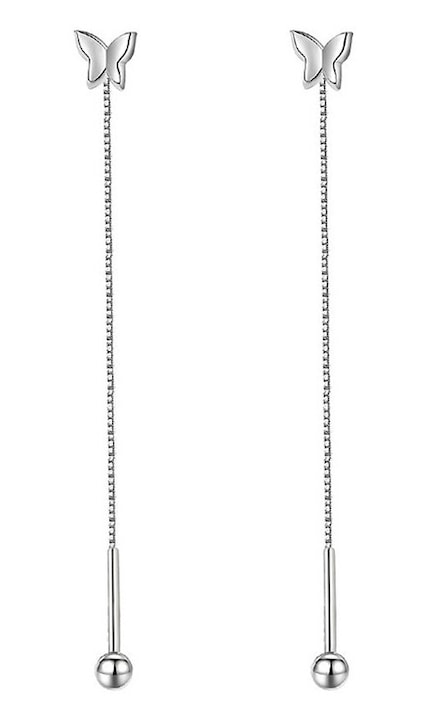 OEM - Long 925 Sterling Silver Earrings Wire Earrings with Chain and Butterflies for Women 7 cm Silver