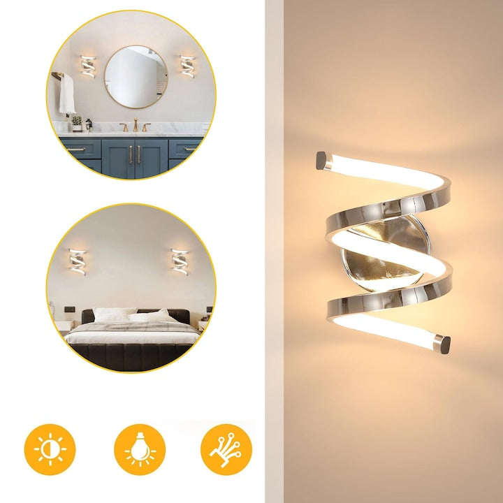 Aplice LED Argintie Moderna Si Eleganta  Lampa De Perete Spiralata Pentru Noptiera  Dormitor  Living  Hol  Baie  Bucatarie  Scari  Corp De Iluminat De Perete - Cromata  Lumina Alba Calda 20W 3000K