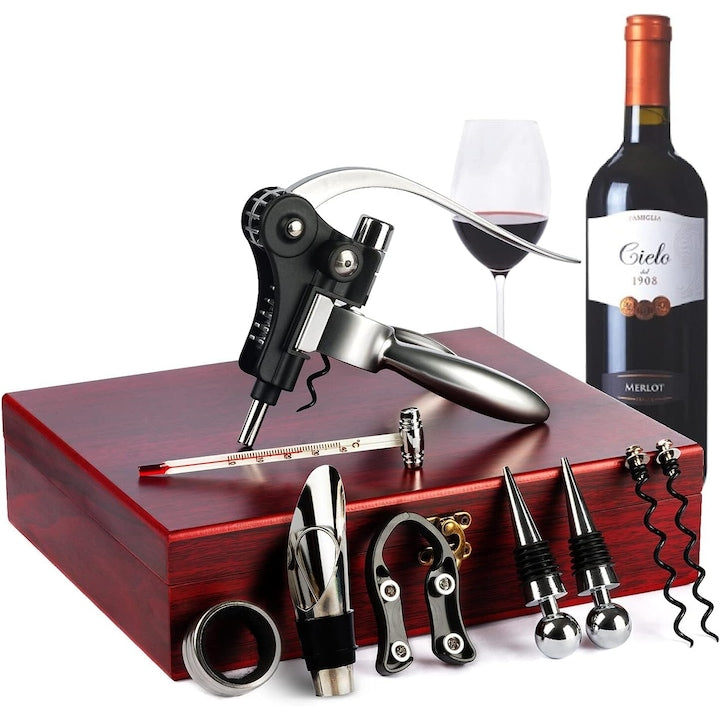 Wine Opener Set 9 Pieces Bottle Opener Accessories Wine Ring Wine Pourer 2 Wine Stoppers Foil Cutter Thermometer 2 Spare Steel Needles Stainless Steel Rosewood Box