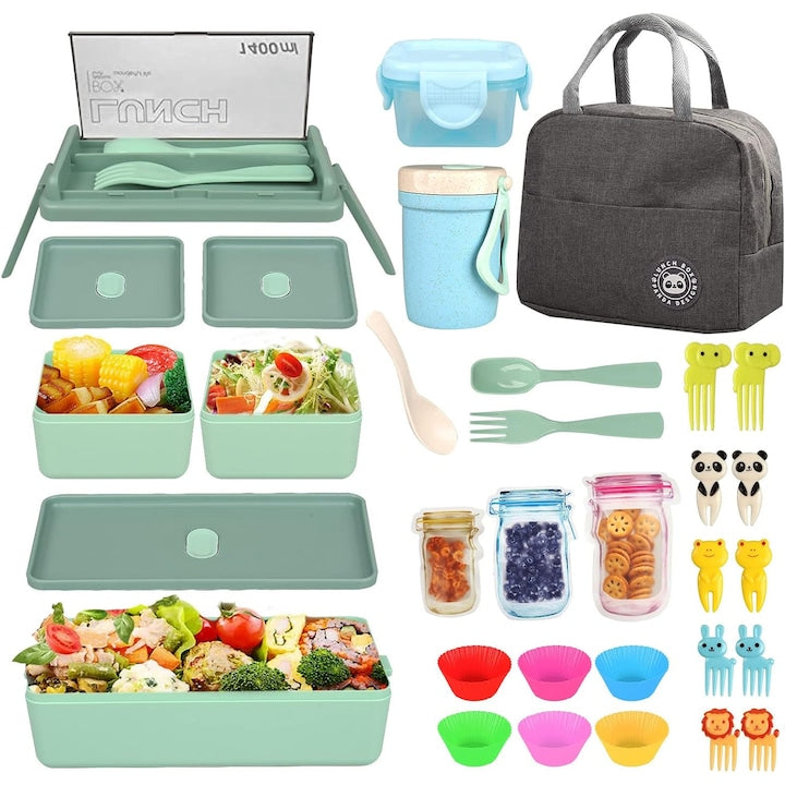 Cutie de pranz portabila 3 in 1  Walalla  3 straturi  stivuibila  etansa  include diverse accesorii  cuptor cu microunde  frigider  se poate spala in masina de spalat vase  1 4 l  8  x5x4 inci  potrivita pentru adulti/copii  verde