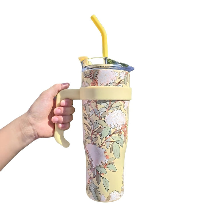 Cana Termos Portabila Cana Termo cu Pai din Otel Inoxidabil 304 1150ml  Capacitate Mare  Izolare 24h  Izolare Vacuum  Maner  Anti-Curgere  Design Osmanthus Bej