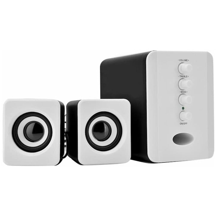 Boxe PC 2.1  negru alb  95x115x128mm  62x63x75mm  USB  AUX  bass reglabil