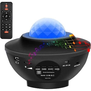 Proiector LED cer instelat  lampa de proiectie model UFO cu proiectie duala stele si valuri oceanice  difuzor Bluetooth si port USB  10 moduri de culoare si reglare luminozitate  telecomanda si timer  negru  1 buc