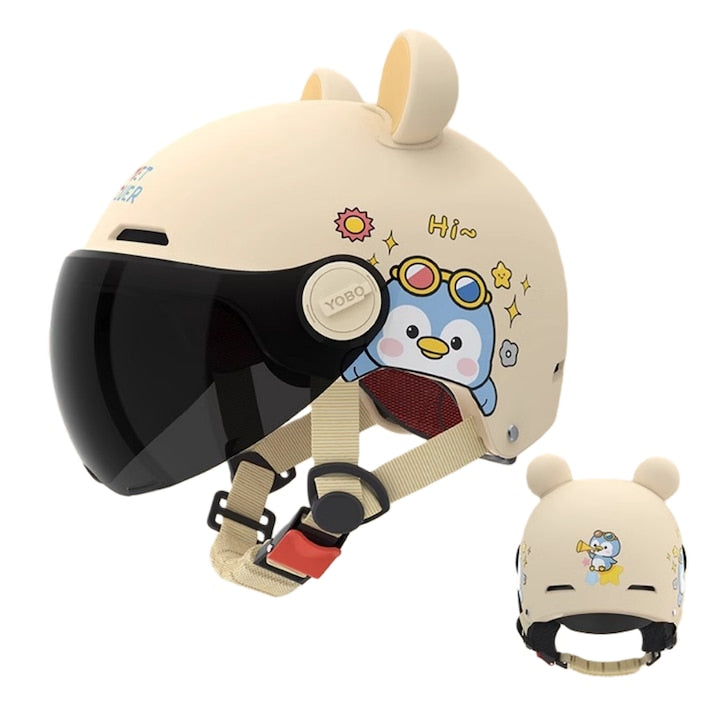 Bicycle/electric scooter helmet for children, Fantasy, with detachable, adjustable visor, 58-62CM, Unisex, Universal, 0.56 kg, lightweight and aerodynamic. Features two cute bear ears on top. With blue penguin pattern. Beige.